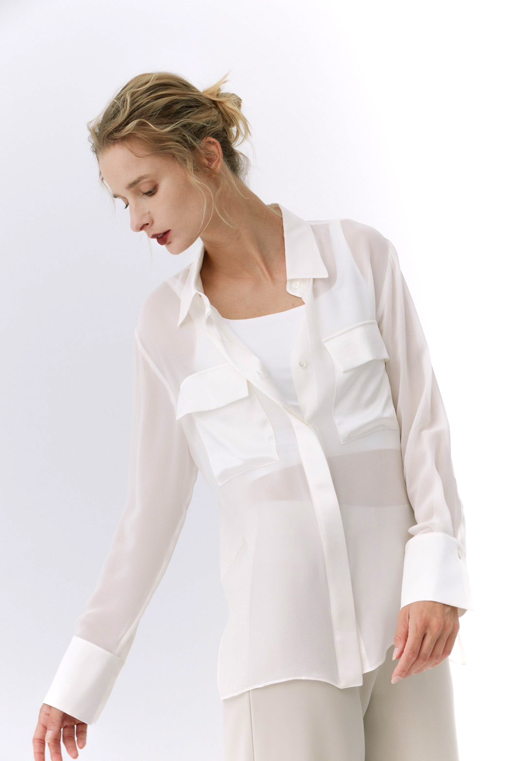透紗絲綢100%襯衫-白
